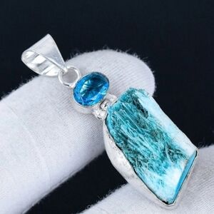Blue Scolecite Rough, Blue Topaz 925 Sterling Silver Pendant Necklace